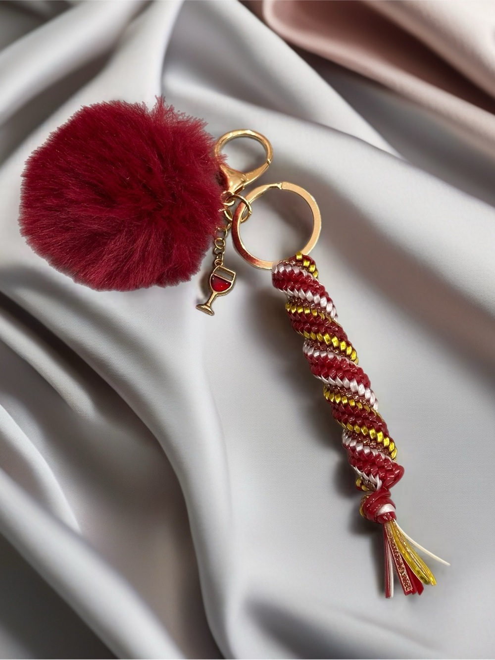 Plush Pom & Braided Tassel Keychain - Red